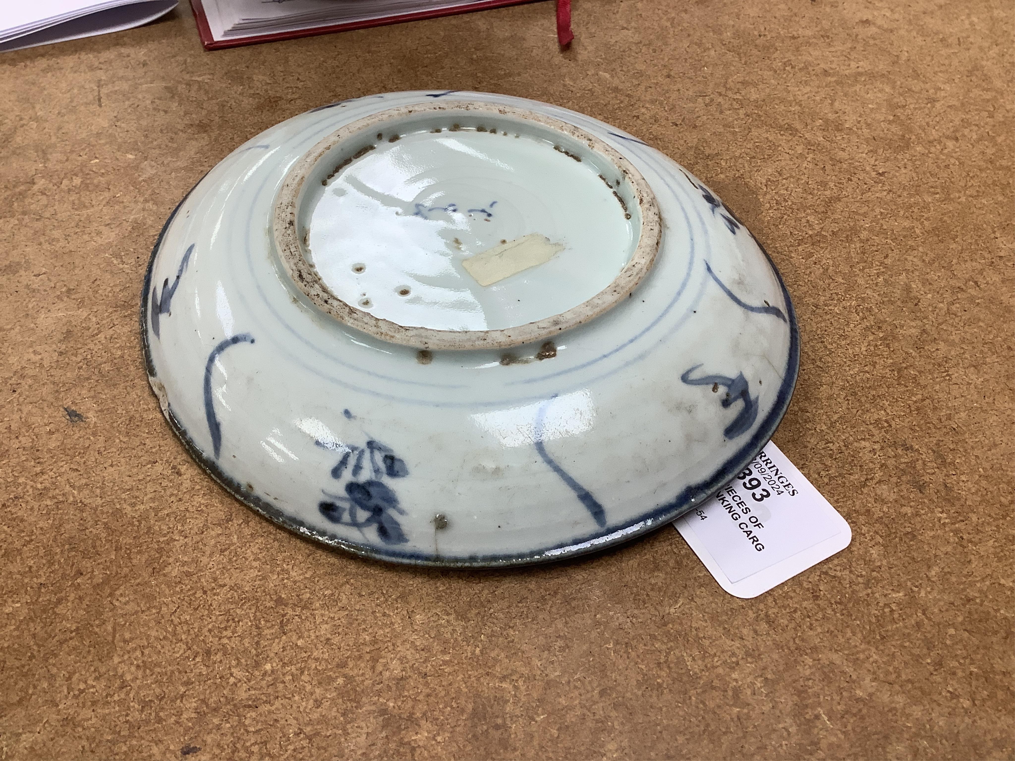 Three pieces of Chinese Teksing cargo comprising two bowls and a dish, largest 18.5cm. Condition - fair, hairline crack to dish